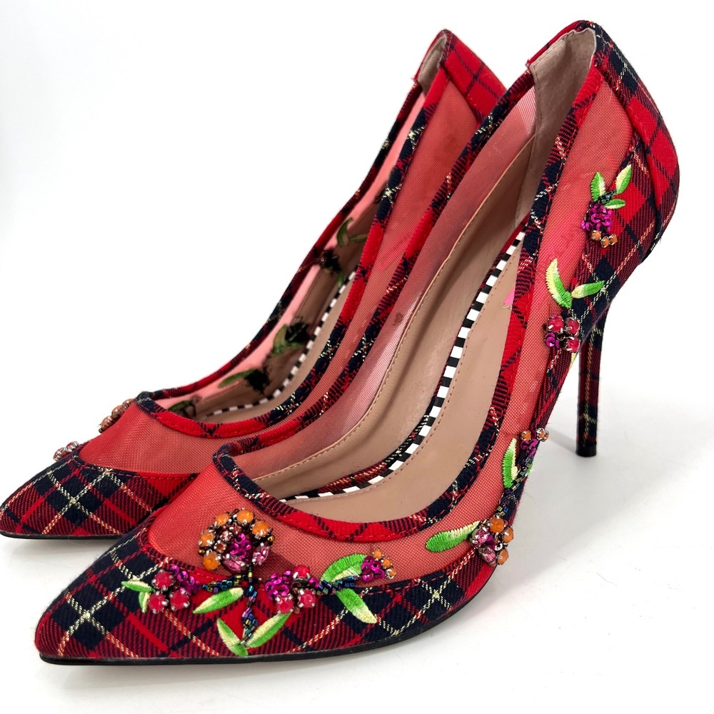 Betsey Johnson Rayn Plaid Christmas Heels Pumps Jeweled